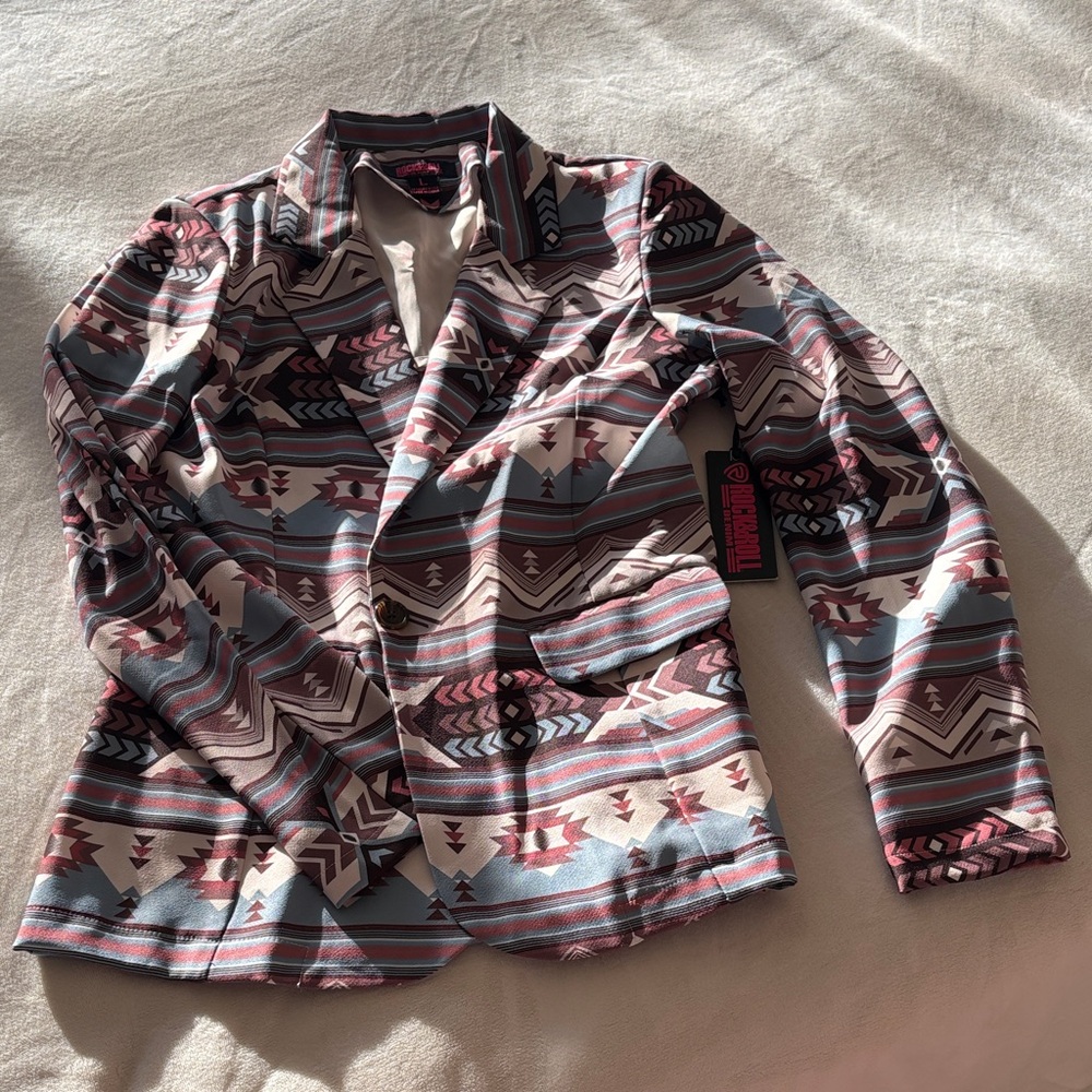 Tribal-Pattern Blazer Jacket - Pink Multi